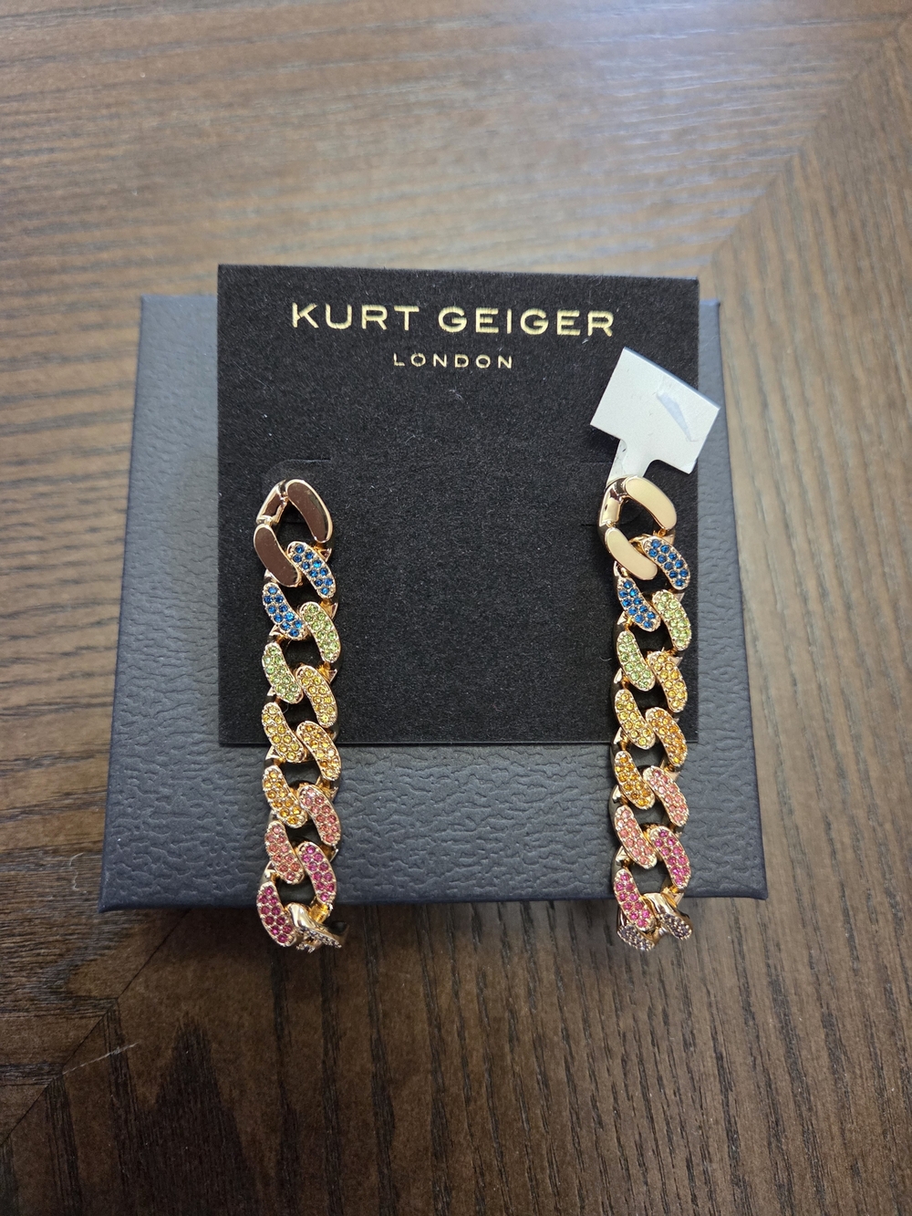 Kurt Geiger Gold-Tone Rainbow Pavé Cuban Link Drop Earrings New With Tags